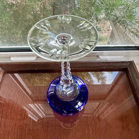 Vintage Bohemian / Czech Cobalt Blue Cut-to-Clear Crystal Wine Hock Goblet - Picture 7 of 11